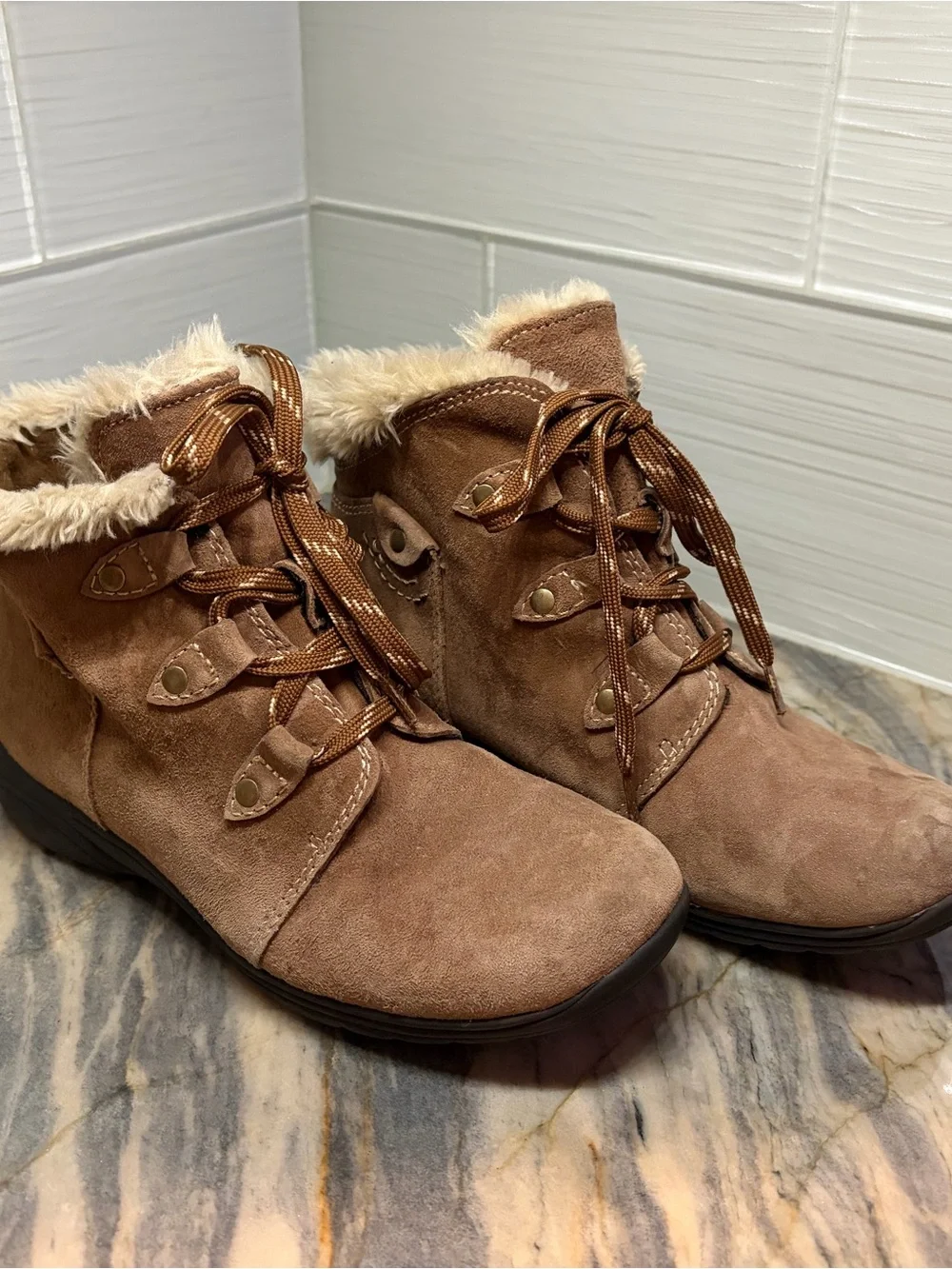 Earth Origins Boots Womens 8.5 Leather Faux Fur Ankle Zip Outdoor Hiking Brown